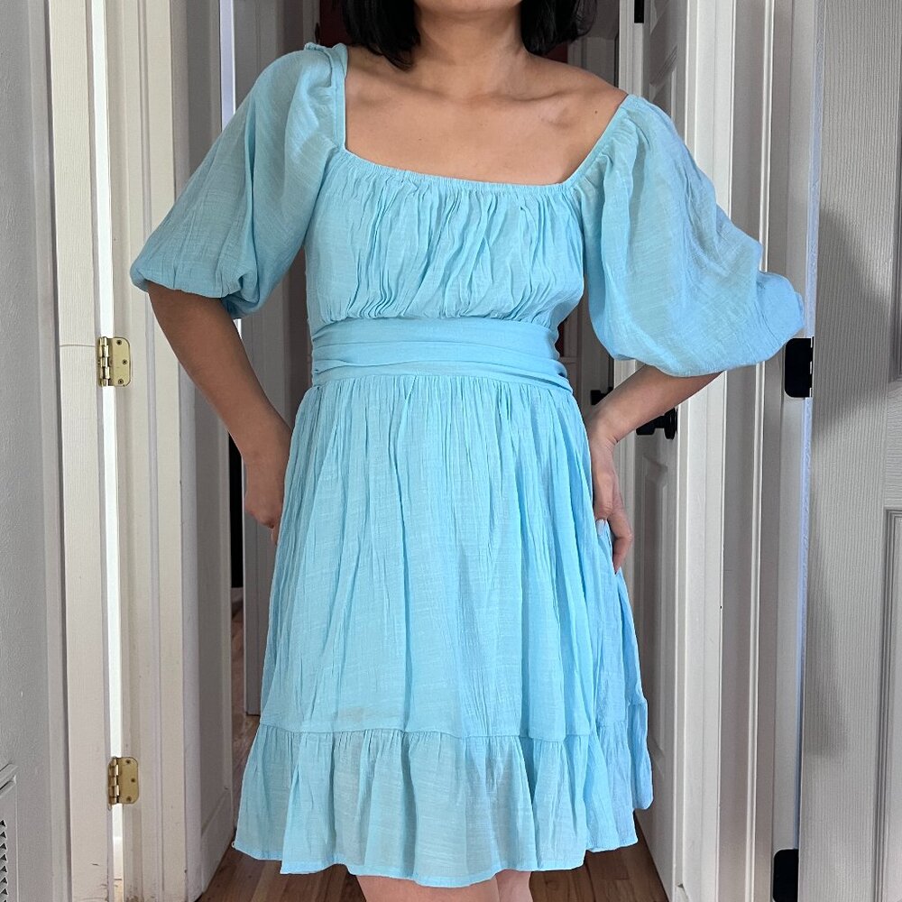 puff sleeve open back mini dress light blue princess costume summer vacation Med - Picture 3 of 15